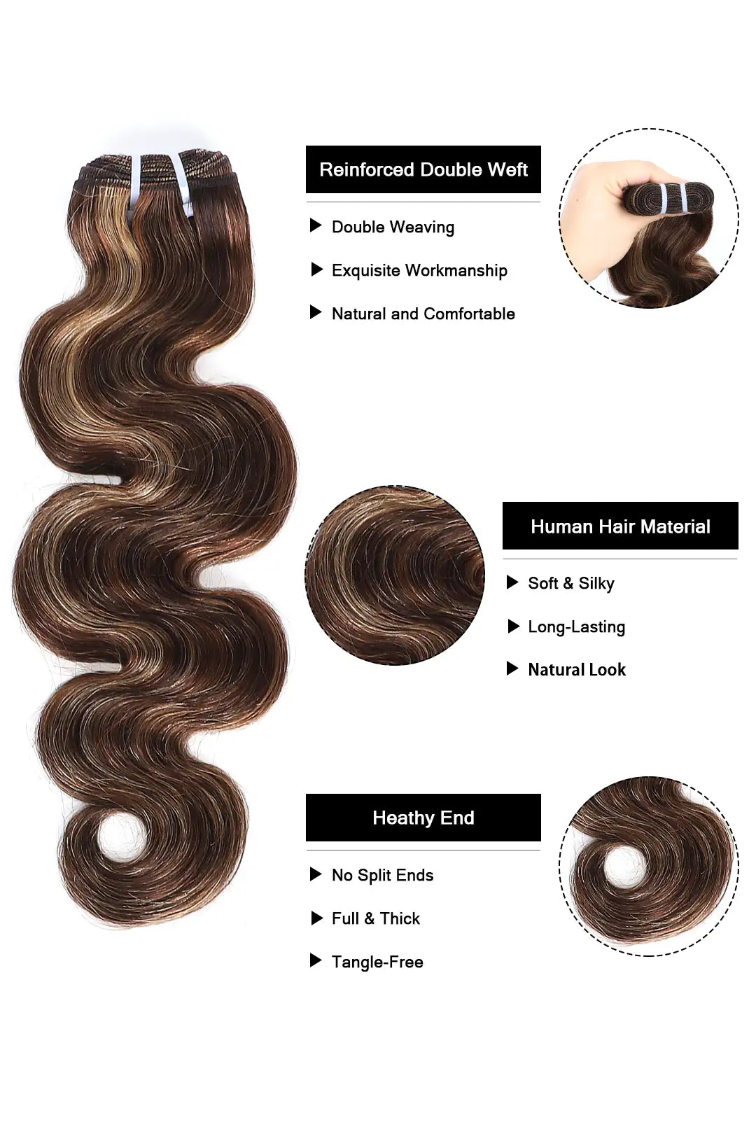 Cambodia Virgin Hair Bundles Body Wave #4/27/30 Piano Color